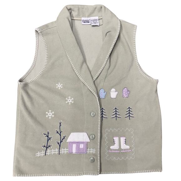 Cottagecore Sage Green Fleece Vest Womens Size 1X Winter Embroidery Whipstitch - Picture 2 of 8